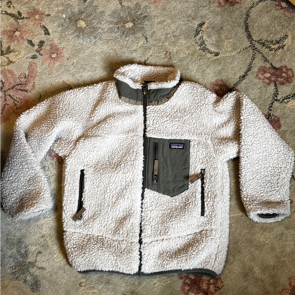 Patagonia Kids Sherpa Fleece Jacket - Cream and Olive used but great condition